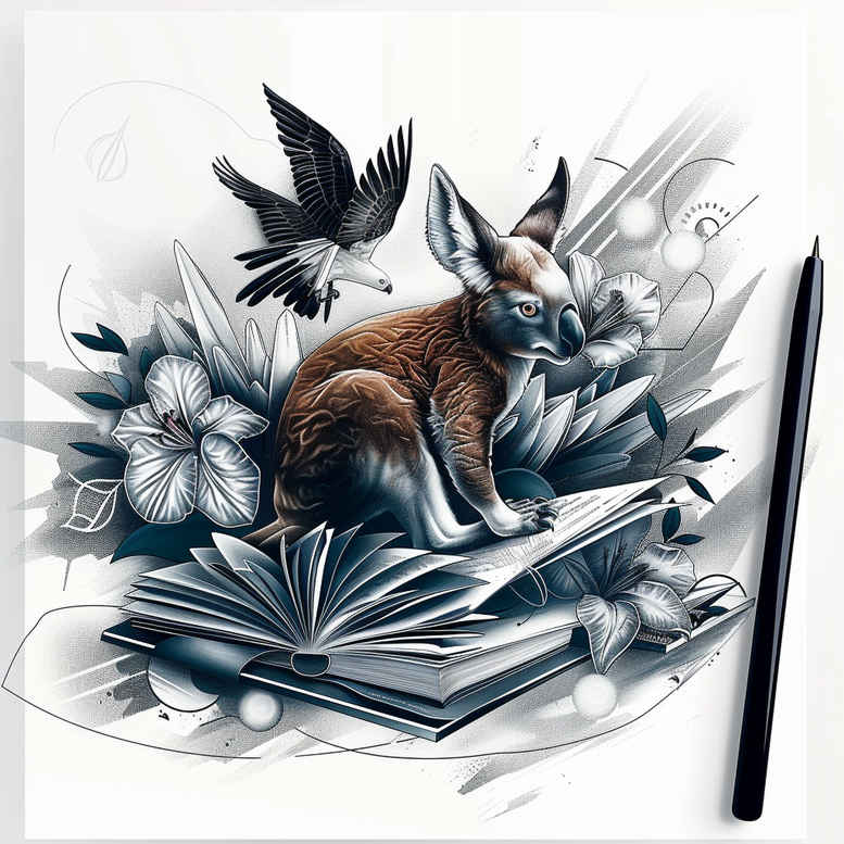 Fox perched on an open book with flowers, birds, and a pencil in black and grey; a tattoo design idea, suitable for cover-up.