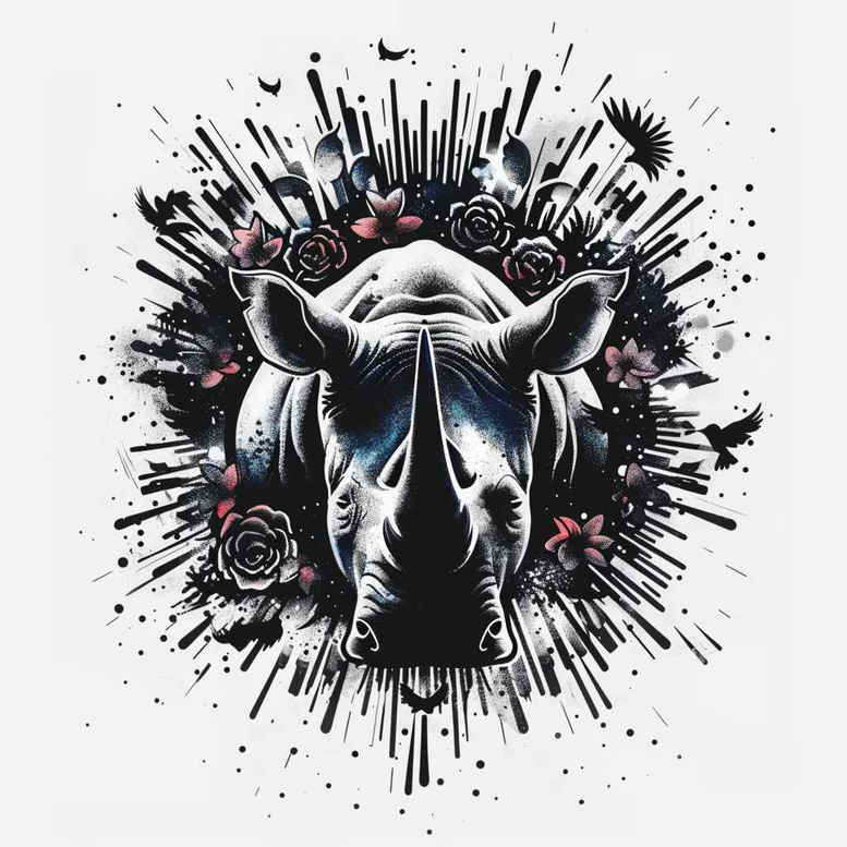 Bull head, floral accents, splatter background in black and grey; AI-generated tattoo project; suitable for cover-up.