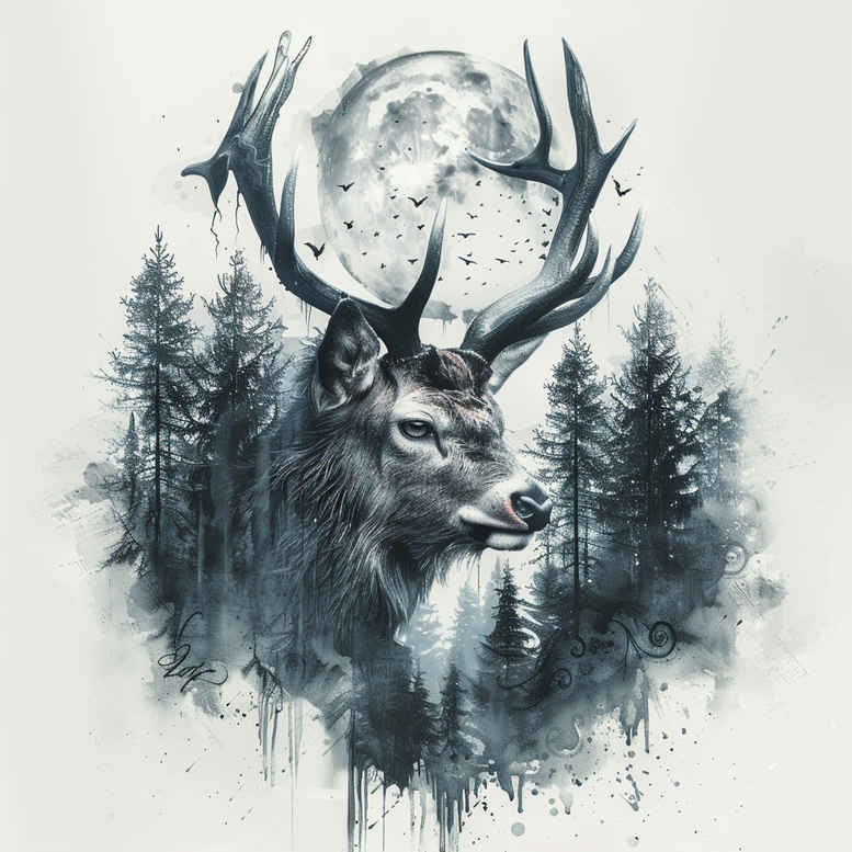 Stag head with antlers framed by a dark pine forest and full moon in black and grey; cover-up tattoo idea.
