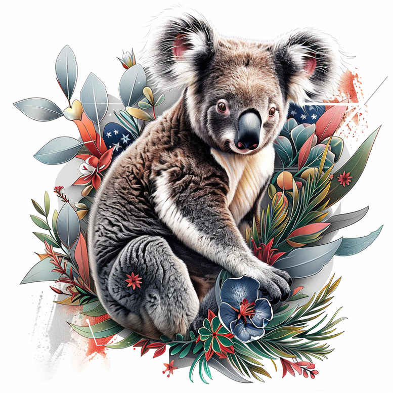 Koala with vibrant flowers and leaves in a color watercolor tattoo design; project idea; not ideal for cover-up.