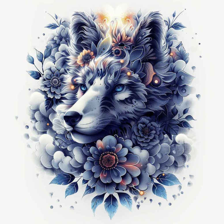 Blue-toned wolf head with surrounding blue flowers in watercolor style; color tattoo project idea, suitable as a design.