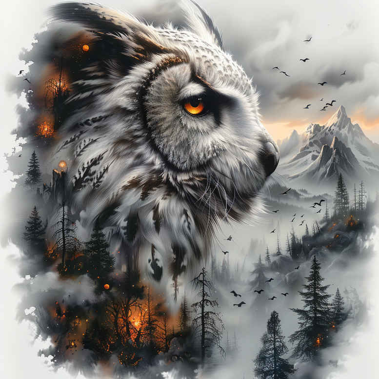 Black and grey owl portrait with orange flame accents over snowy mountains and pine trees; AI-generated tattoo project, cover-up ready.