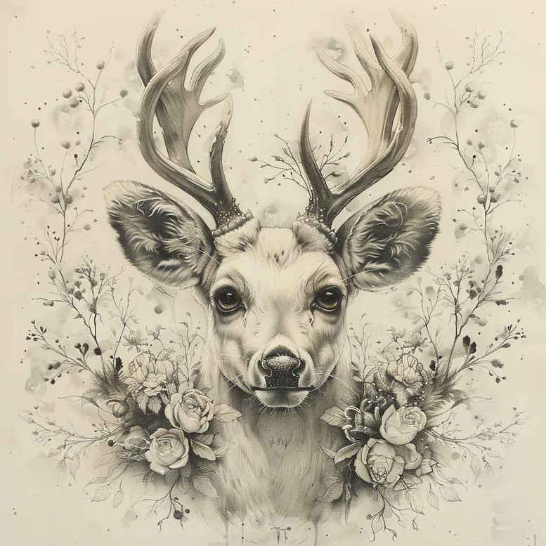 Black and grey deer head with antlers and surrounding flowers; tattoo design concept, project idea; not a cover-up.