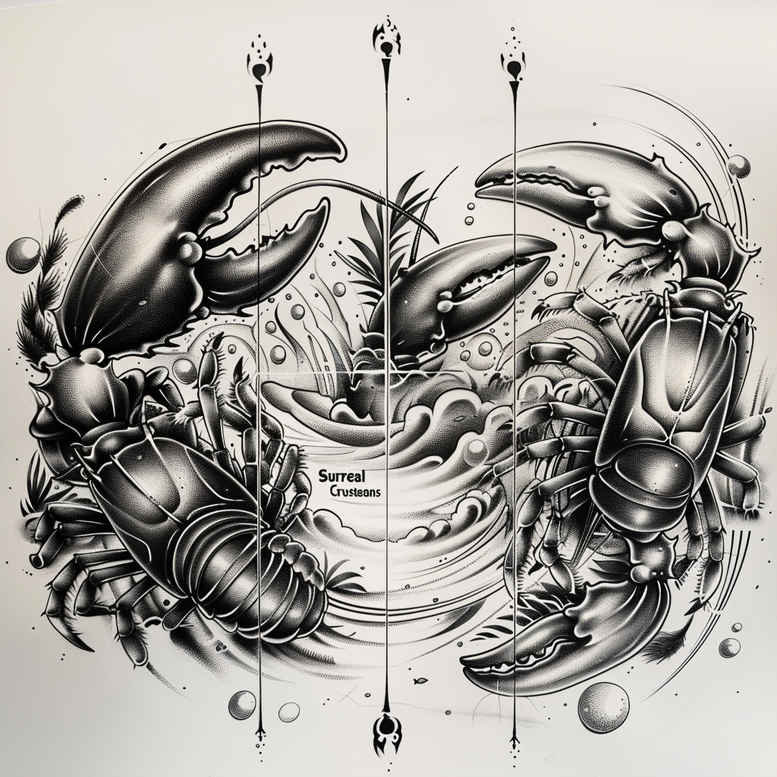 Two lobsters facing each other with a circular mandala backdrop in black and grey; project idea, cover-up suitable.