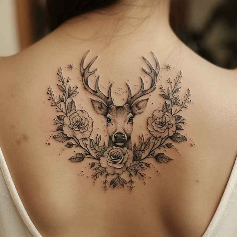 Back piece idea: deer head with antlers surrounded by botanical flowers in black and grey; tattoo design pattern.