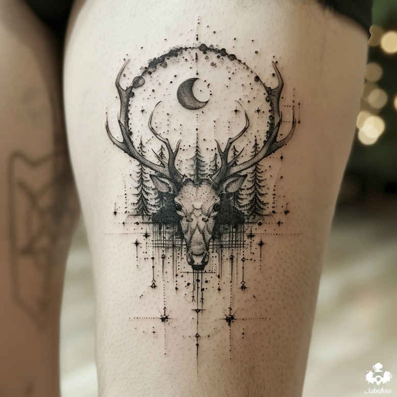 Deer skull with ornate antlers, crescent moon, circular ring, and dripping ink in black and grey; AI-generated tattoo project; ideal cover-up.