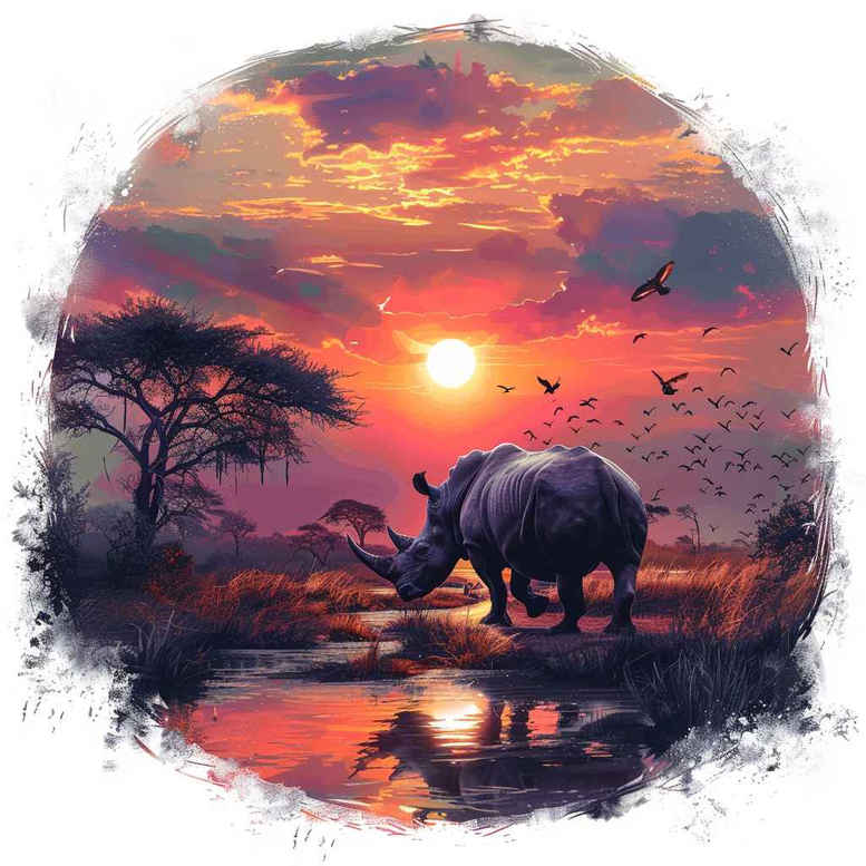 Colorful sunset scene with a black silhouette rhinoceros by water and trees; a tattoo design idea, not specifically for cover-up.