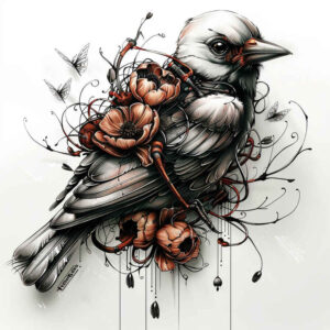 flowing-lines-bird-tattoo – tattoo design ideas free ai generated – neotraditional-detailed-textures – for-lower-back – Gallery: other-birds-inkby-ai