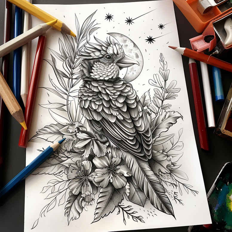 forest-bird-tattoo – tattoo design ideas free ai generated – neotraditional-layered-fill – for-upper-chest – Gallery: other-birds-inkby-ai