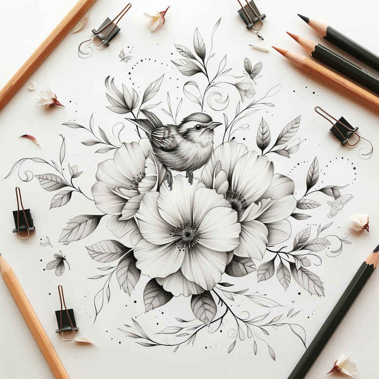 forest-bird-tattoo – tattoo design ideas free ai generated – neotraditional-subtle-tone – for-upper-chest – Gallery: other-birds-inkby-ai