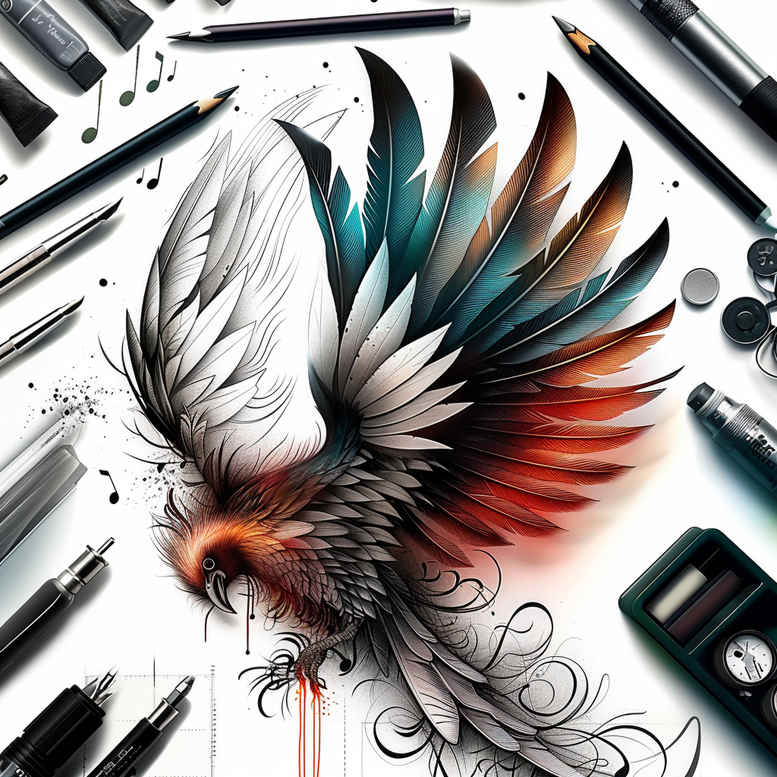 Phoenix, wings, feathers, pen, marker; full color concept tattoo project; suitable for cover-up.