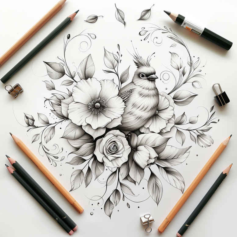 Black and grey pencil sketch of a flower bouquet with leaves, pencils, and an ink pen; project idea for a tattoo design; not a cover-up.