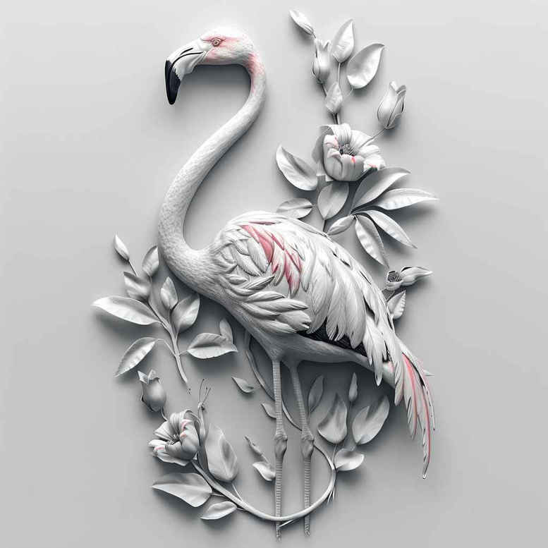 Flamingo, flower, leaf, and branch in black and grey with pink accents; design concept for a tattoo project, suitable for cover-up.