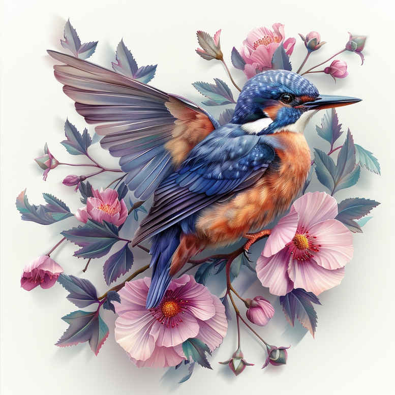 Colorful hummingbird in flight among pink and purple flowers; watercolor tattoo concept, a vibrant full color idea for a tattoo design.