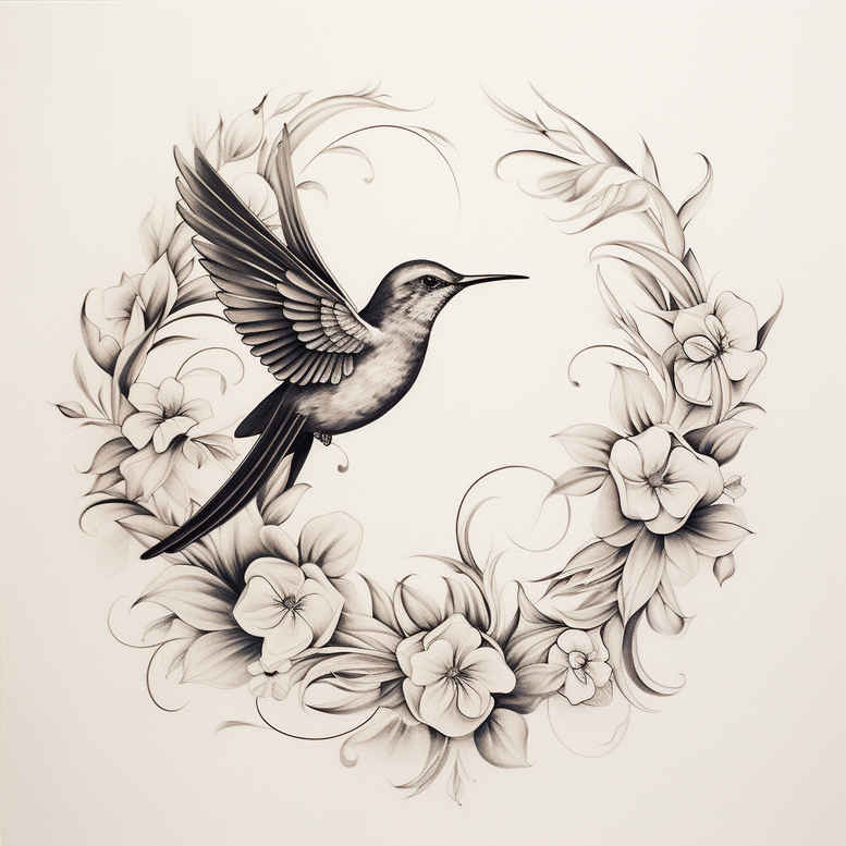 Hummingbird and floral elements in black and grey line art; tattoo project idea, suitable for a cover-up