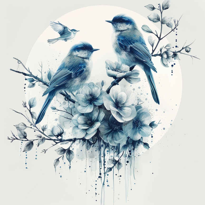 Two blue birds perched on a branch with blossoms in blue watercolor; project idea for a tattoo design.