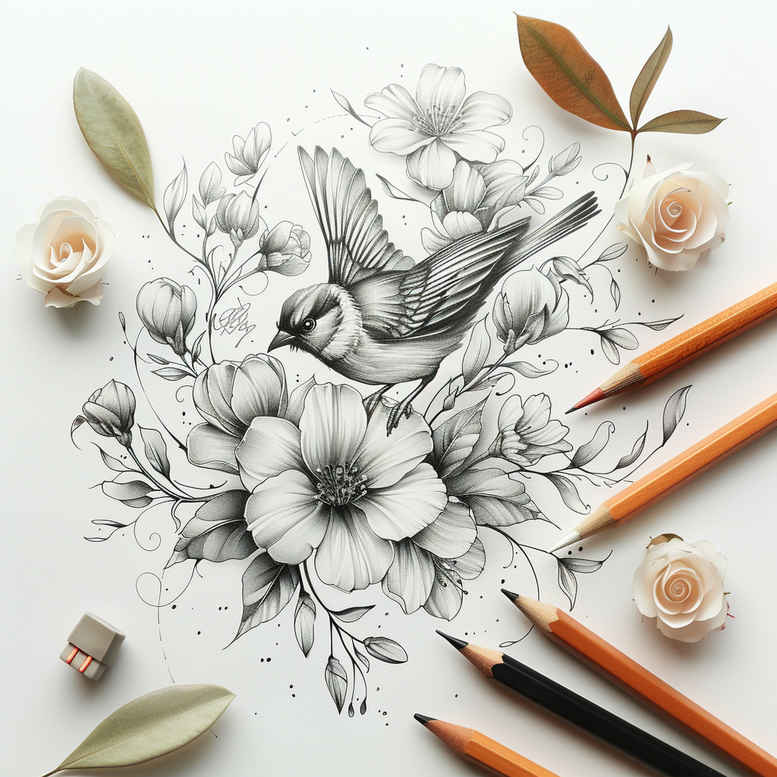 Flower, leaf, pencil, and eraser in a black and grey floral sketch; project idea; not ideal for cover-up.