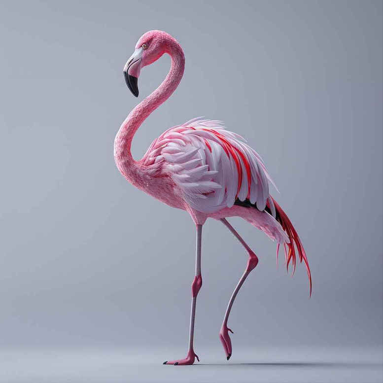 Pink flamingo linework on pale background; color pink; tattoo design idea; project concept.