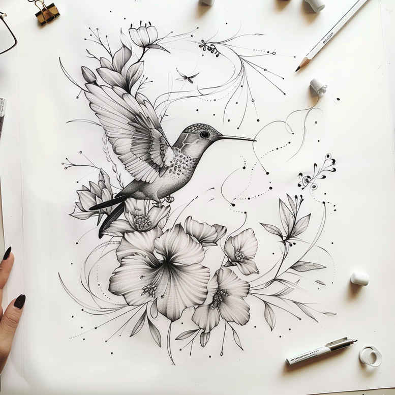 Hummingbird, lotus, flower, stem, leaf, pencil, hand in black and grey linework; tattoo idea, cover-up suitable.