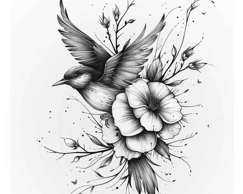 Black and grey hummingbird with blooming flower and branches; tattoo design concept, project idea; suitable for cover-up.