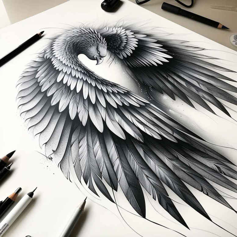 Wing sketch with pencils and paper visible in grayscale; feathered wings, black and grey; a project idea; suitable for cover-up.