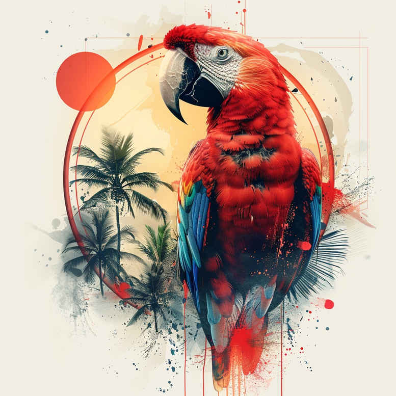 Parrot in vibrant watercolor with palm trees and sun, full-color tattoo design concept; AI-generated tattoo project, suitable for cover-up.