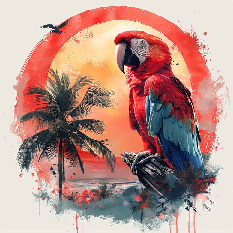 Parrot, palm tree, sun circle, sea in full-color watercolor; project idea; not ideal for cover-up.