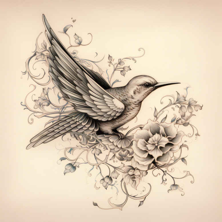 Hummingbird in flight beside black and grey flowers, leaves, and decorative swirls; a sketch-style tattoo idea, cover-up friendly.
