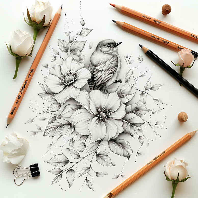 Flower and bird pencil sketch in black and grey on paper with pencils, eraser, clip, and stones; tattoo idea; not a cover-up.