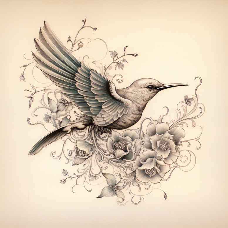 Hummingbird, flower, vine, and leaf in black and grey; project idea for a tattoo design; suitable for cover-up.