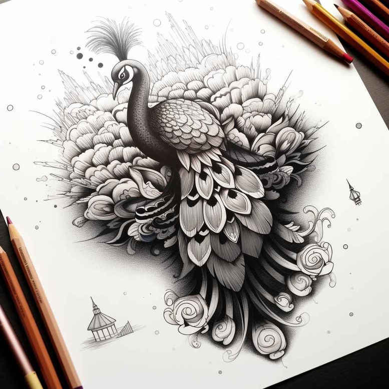Peacock with a lush black-and-grey feather fan, pencil sketch around; a tattoo design concept suitable for a cover-up.