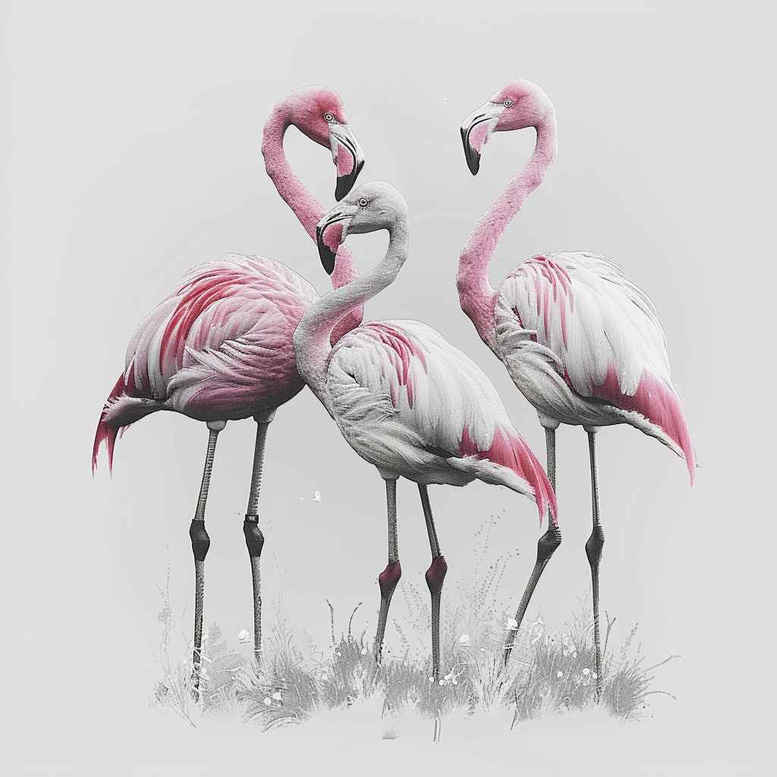 Three pink flamingos with long legs stand in shallow water; AI-generated tattoo project, watercolor design idea in pink and grey, cover-up suitable.