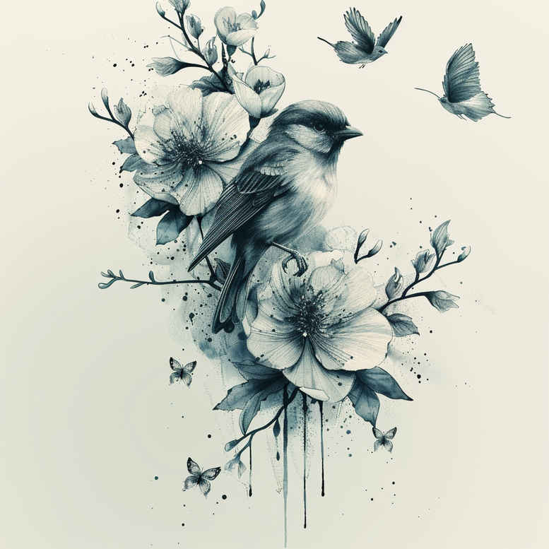 Bird perched among delicate black and grey blossoms with subtle butterfly accents in a grayscale tattoo concept.