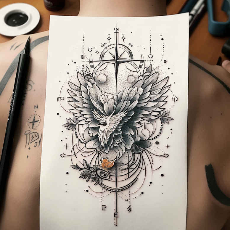 Bird, compass circle, and flower in black and grey; AI-generated tattoo project; suitable for a cover-up.
