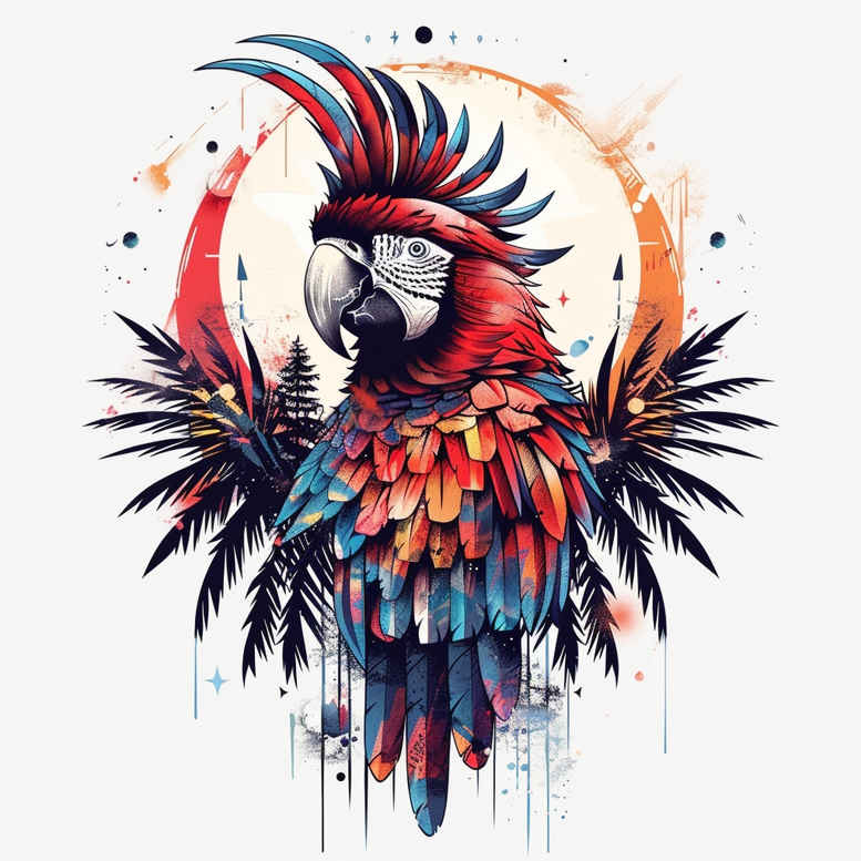 Parrot with vibrant multicolor feathers and wings spread, watercolor splashes; color tattoo design idea; not intended for cover-up.