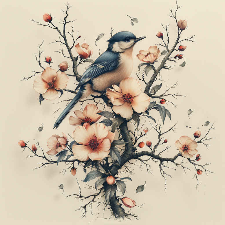 Blue bird perched on a branch with pink blossoms; watercolor-style tattoo design idea; colors blue, pink, black outlines; not a cover-up.