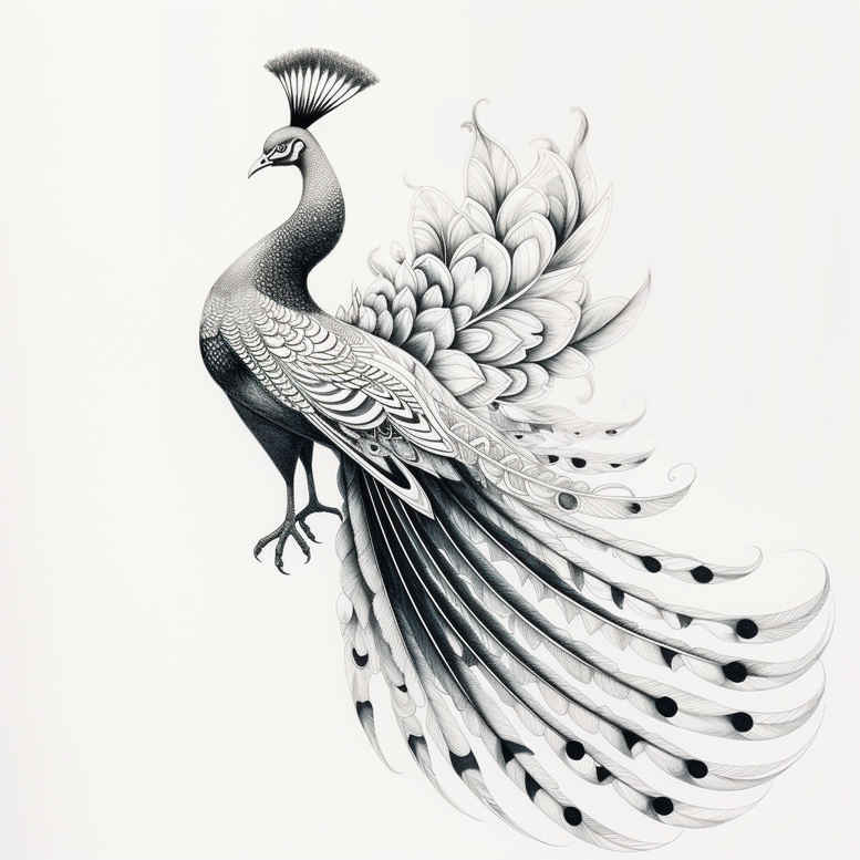 Peacock silhouette in black and grey line art with patterned tail; tattoo design idea, not specifically for cover-up.