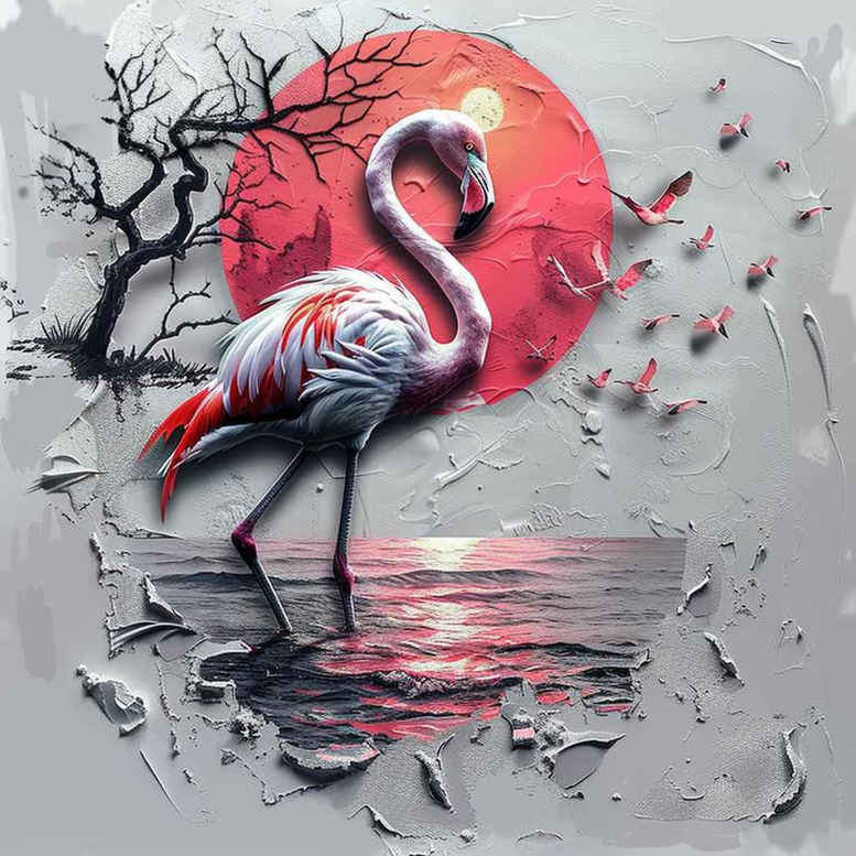 Flamingo in pink, crimson sun, blue-gray water, bare trees, flying birds, and gray shard accents; project idea for a tattoo design; suitable for a cover-up.