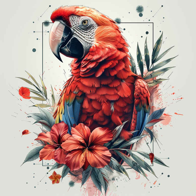 Parrot with tropical flowers in vibrant watercolor, color tattoo design idea; project, not ideal for cover-up.