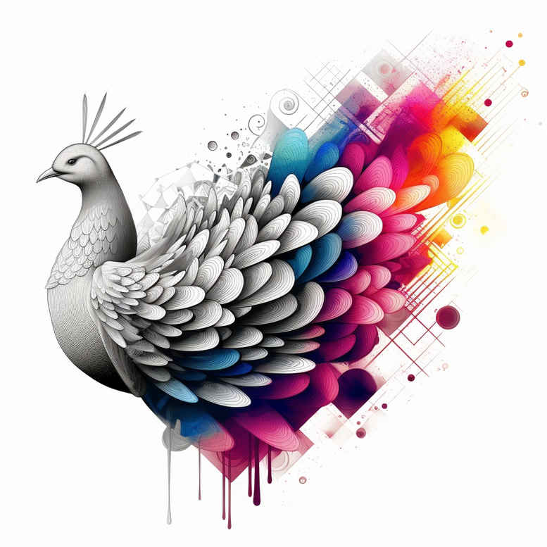 Peacock with colorful watercolor feathers; grayscale head with vibrant tail; color version; AI-generated tattoo project; suitable for cover-up.