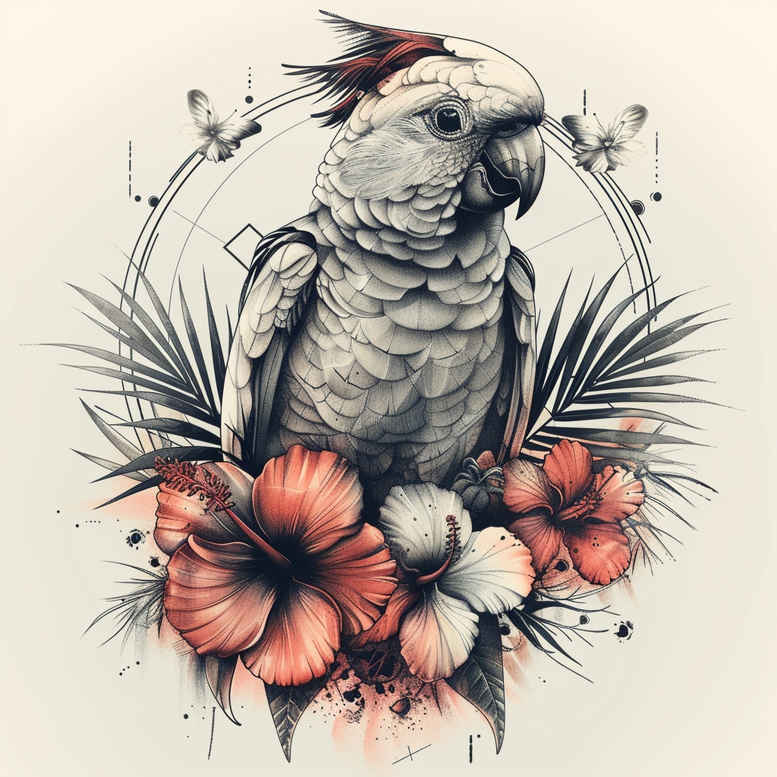Parrot with white-gray plumage perched among orange hibiscus flowers and green leaves; color tattoo design idea, project in progress, suitable for cover-up.
