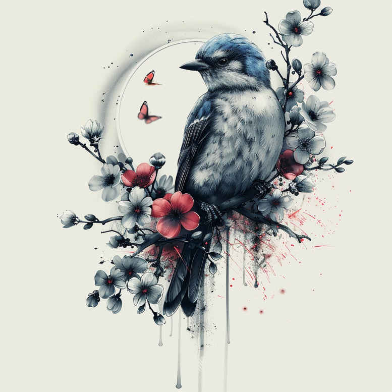 Blue-gray bird on a branch with red blossoms in watercolor; black and grey tattoo project idea, not specifically for cover-up.