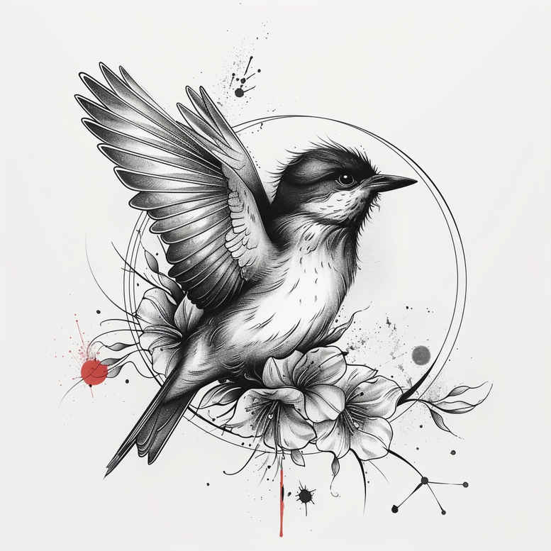 Hummingbird, floral cluster, and circle backdrop in black and grey; tattoo design idea, project concept, not ideal for a cover-up.