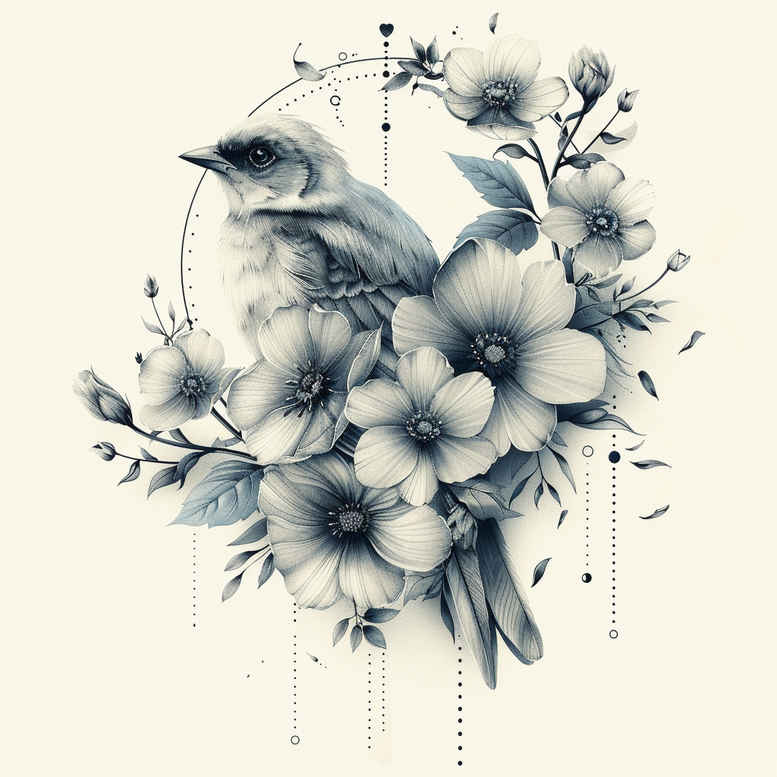 Bird, branch, leaf, and flowers in black and grey line art; concept tattoo design, suitable for a cover-up.