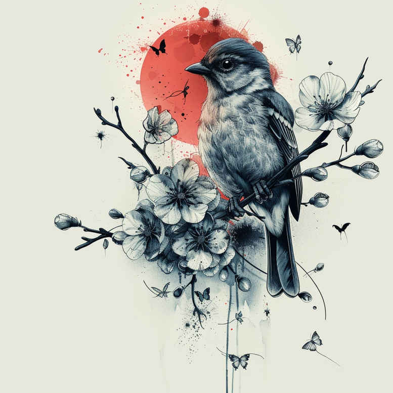 Black and grey crow on blossoms and branches with a red sun; project idea for cover-up, tattoo design.
