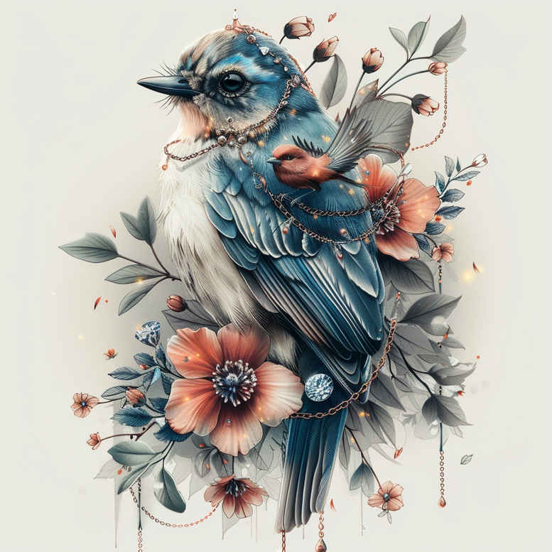 Blue bird perched among pink flowers with gray leaves and branches; watercolor tattoo design concept with pattern, color tattoo, suitable for cover-up.