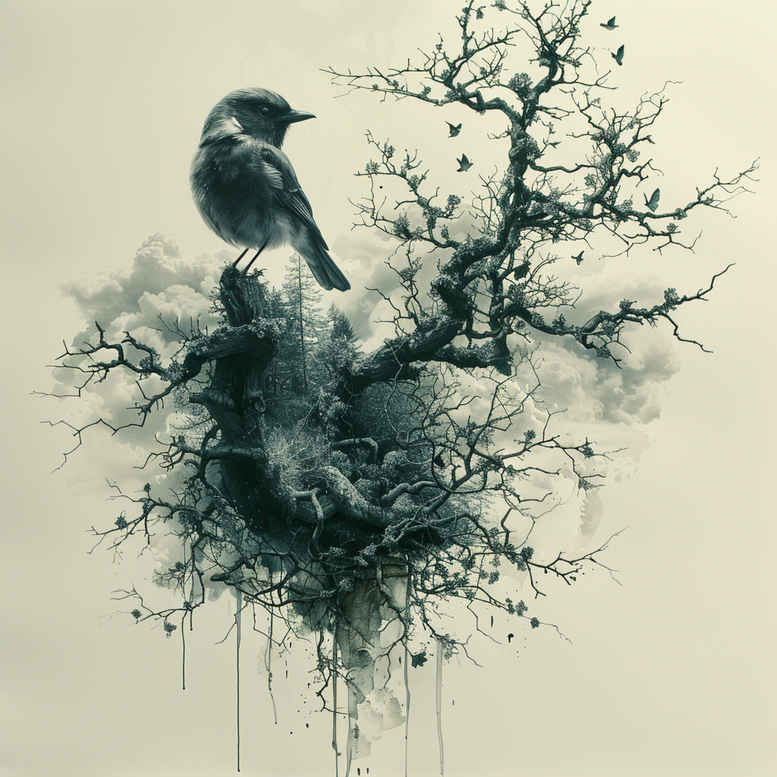 Raven perched on a gnarly branch in black and grey ink; a cover-up tattoo design concept, AI-generated.