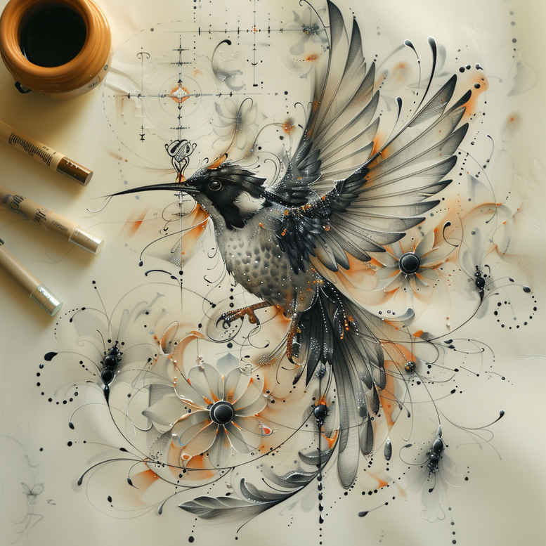 Colorful hummingbird with watercolor flowers in flight; tattoo design concept; project idea; not suitable for cover-up.