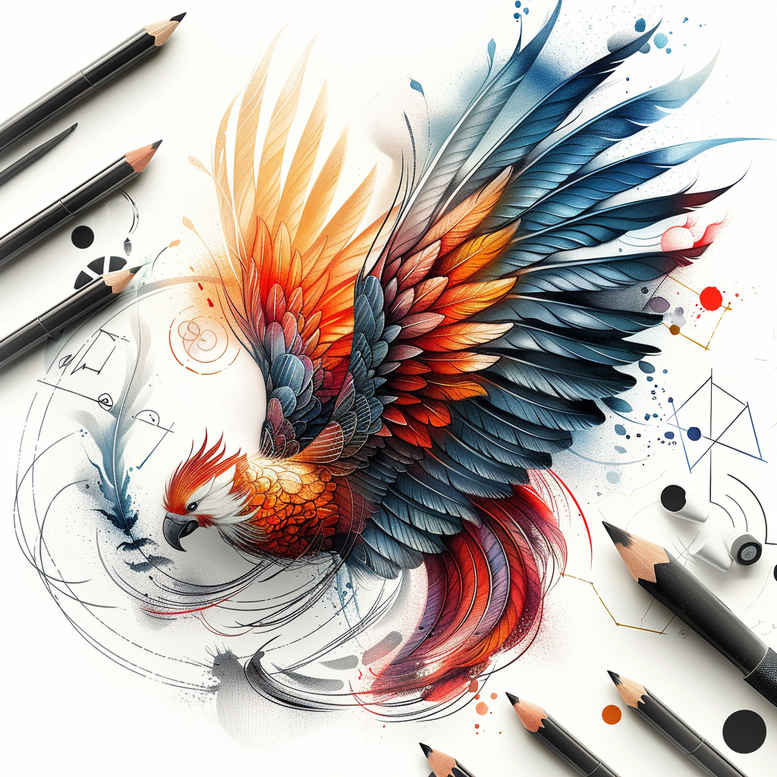 Phoenix with vibrant orange, red, and blue feathers, accompanied by pencils and geometric pattern; a tattoo design concept; AI-generated tattoo project; not ideal for cover-up.