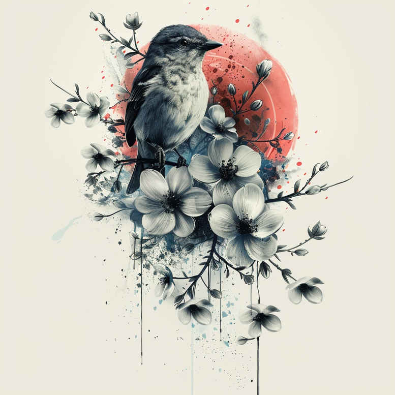 Blue-gray bird perched among watercolor blossoms with an orange sun circle and black ink branches; a tattoo design project, AI-generated, suitable for cover-up.